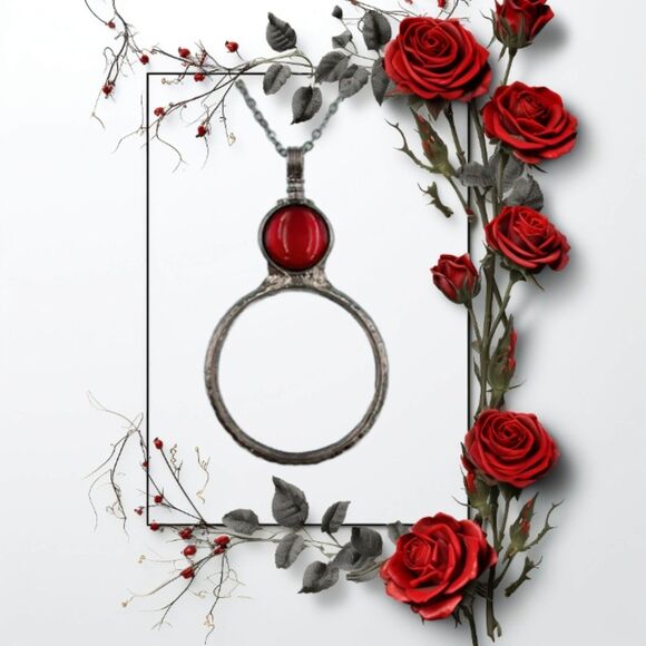 Magnifying Glass On Long Chain Red Enamel Circle - Picture 1 of 8